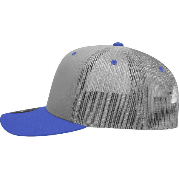 A grey and blue 6-panel mid-profile structured trucker cap featuring a mesh back and a flat brim.