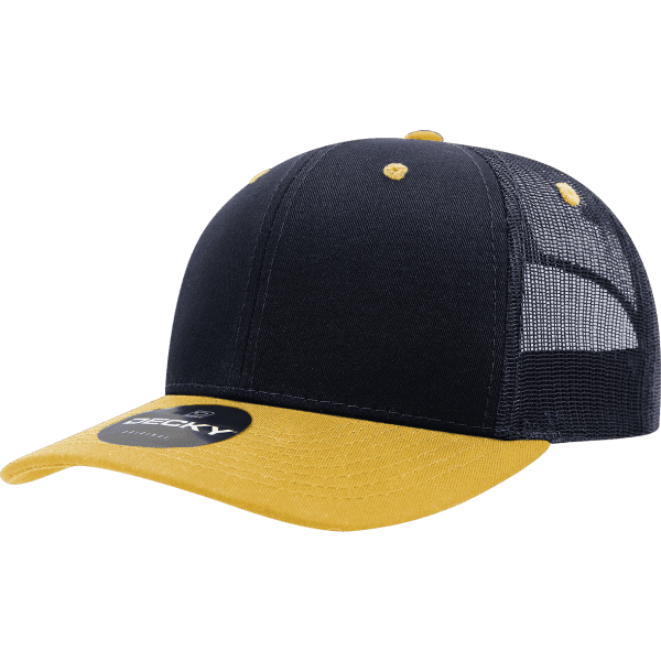 A navy and yellow trucker cap with a mesh back and a logo on the front.