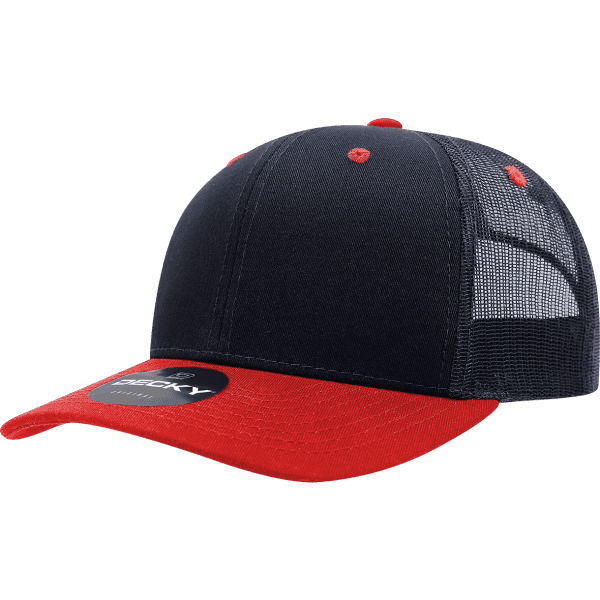 A navy and red trucker cap featuring a mesh back and a logo on the front.