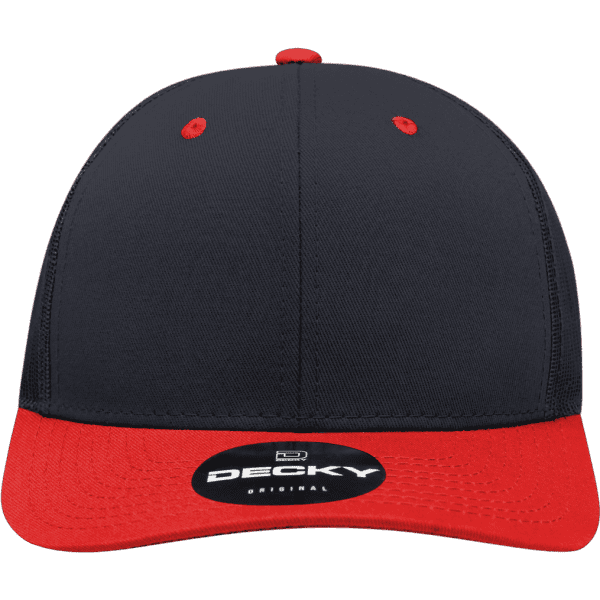 A structured trucker cap in navy blue with a red peak and an attached logo on the front.