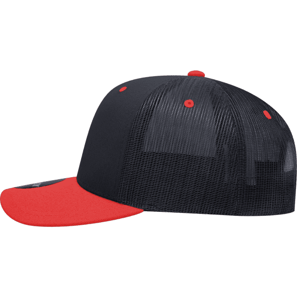 A black and red 6-panel mid-profile structured trucker cap with a mesh back and a curved brim.