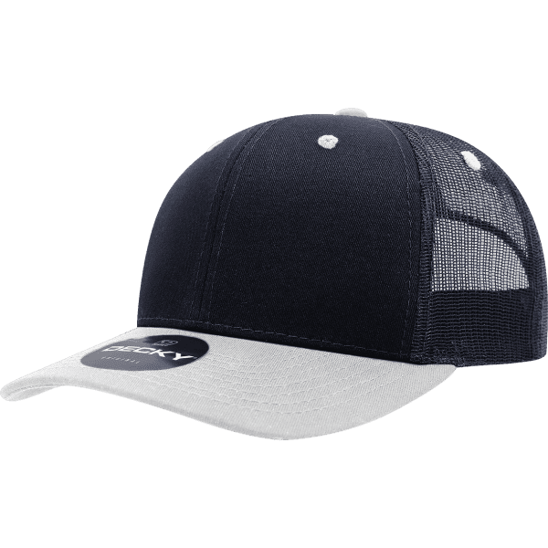 A black and grey 6-panel trucker cap with a mesh back and a circular logo on the front.