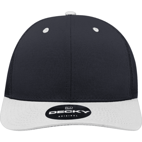 A structured trucker cap in navy blue with a white brim, featuring a logo on the front.
