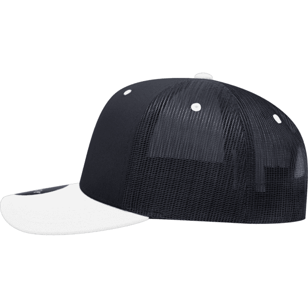 A structured trucker cap in black with a white visor and mesh back, featuring a logo on the front.