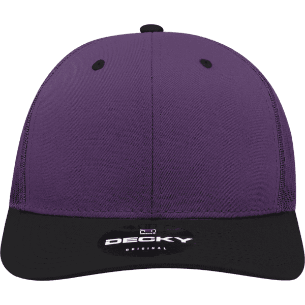 A structured trucker cap featuring a purple front and a black visor, with a logo on the side.