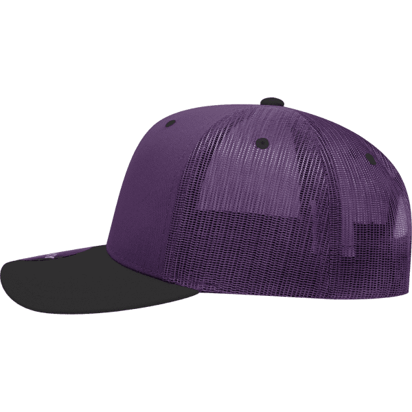 A purple and black 6 Panel Mid Profile Structured Trucker cap with a mesh back and a flat brim.