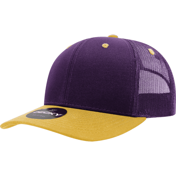 A purple and yellow 6 panel cotton/poly blend trucker cap with a mesh back and a logo.