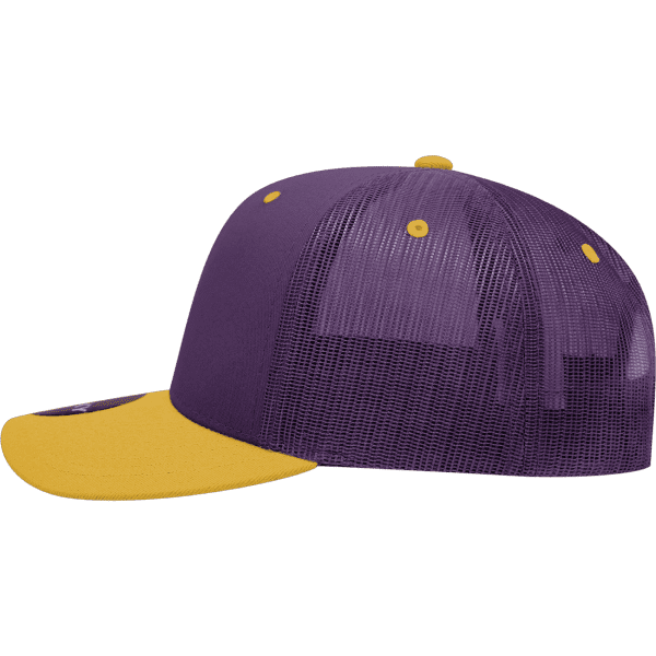 A purple and yellow 6-panel mid profile structured trucker cap with a mesh back and a rounded peak.