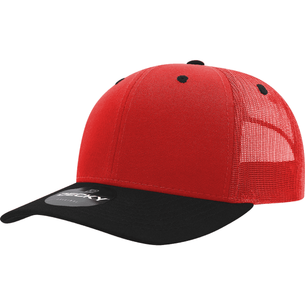 A red and black 6-panel trucker cap with a mesh back and a logo on the front.