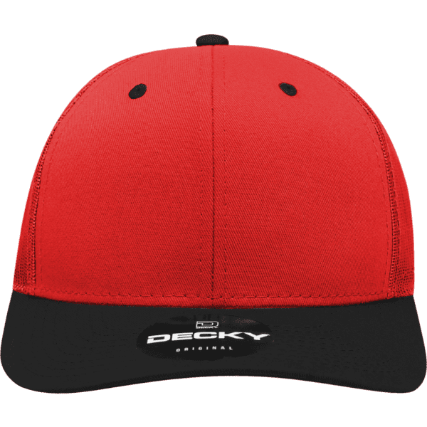 A red and black structured trucker cap featuring a logo on the front.