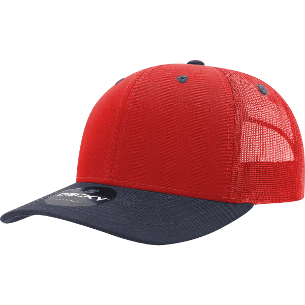 A red and navy trucker cap featuring a mesh back and a round logo.