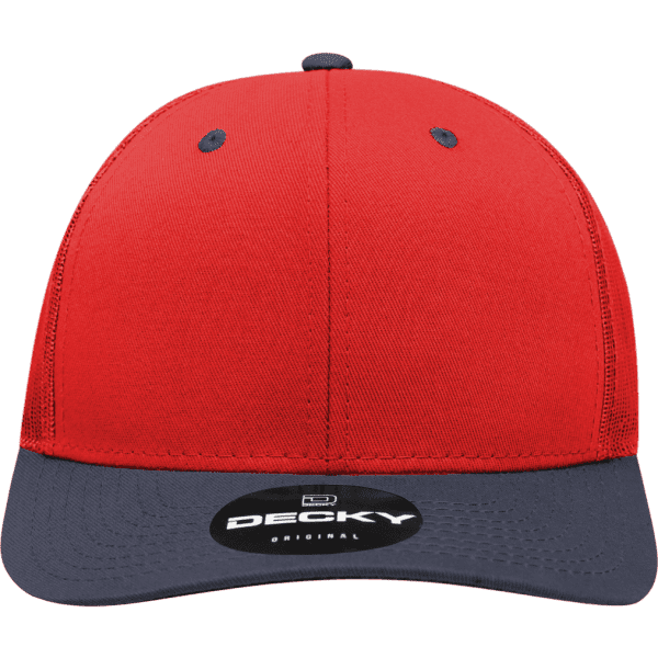 A red and navy structured trucker cap with a branded logo on the front.