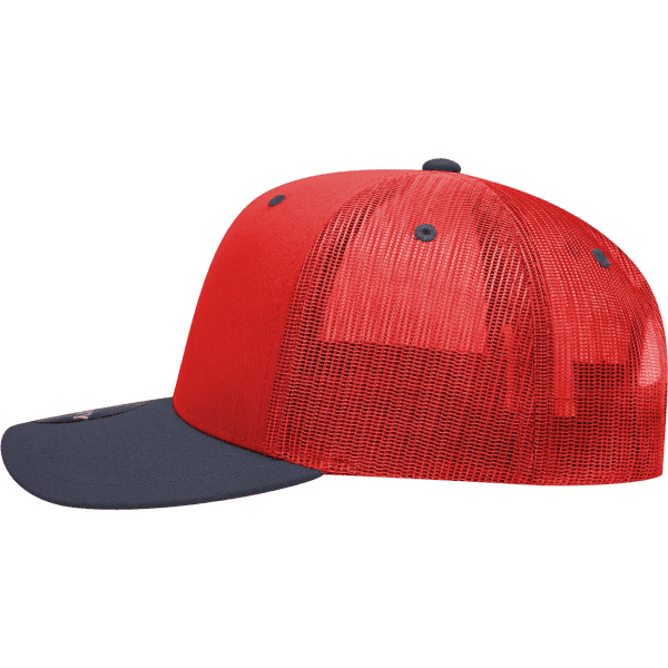 A structured trucker cap in red with a navy peak and mesh back, featuring a branding logo.