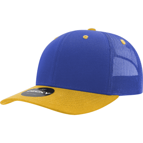 A blue and yellow trucker cap featuring a mesh back and a branded tag on the front.