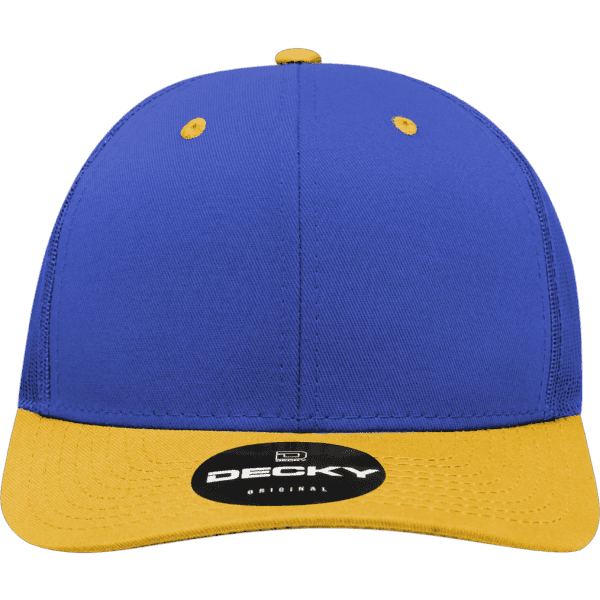 A structured trucker cap in blue with a yellow visor and an attached logo.