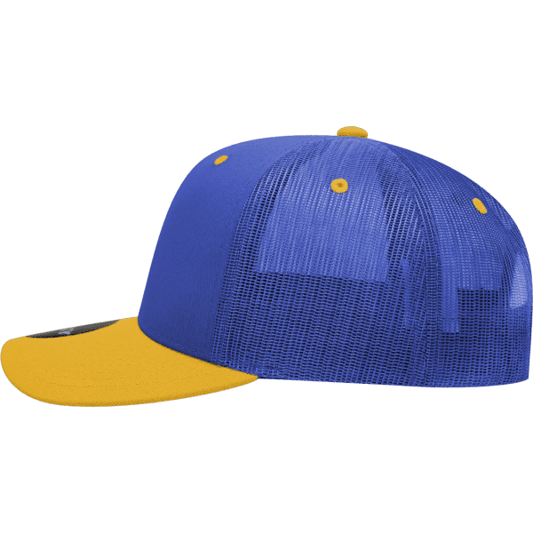 A blue and yellow six-panel mid-profile structured trucker cap with a mesh back and a curved brim.