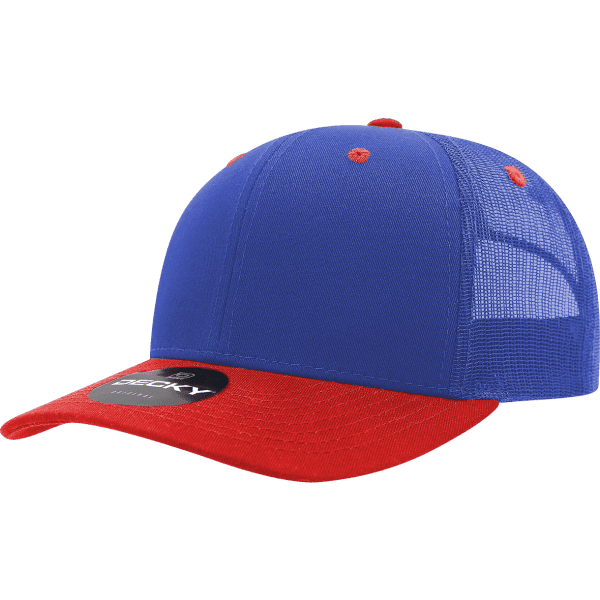 A blue and red trucker cap made from a cotton/poly blend, featuring a mesh back and a logo.