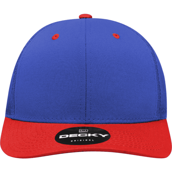 A structured trucker cap featuring a blue crown and a red visor, with a logo on the front.