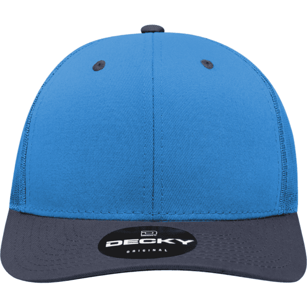 A structured trucker cap featuring a blue body and a grey peak, with a logo on the front.