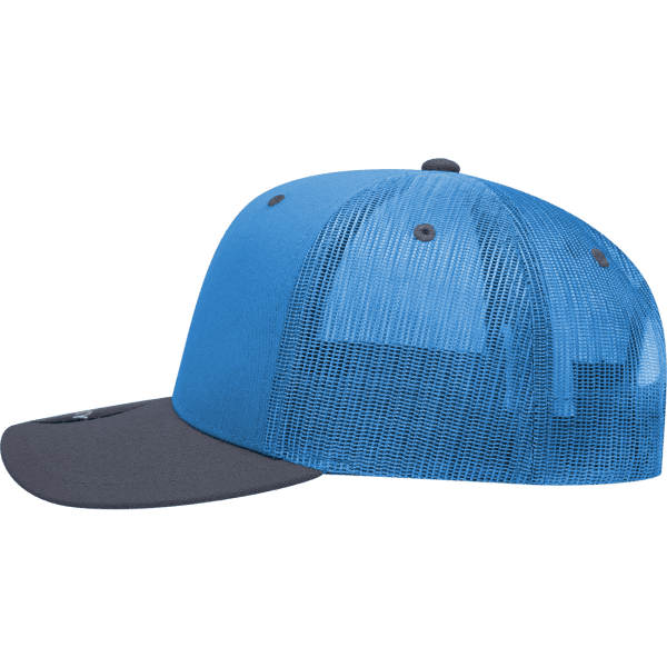 A blue and navy 6 panel mid profile structured trucker cap with a mesh back and flat brim.