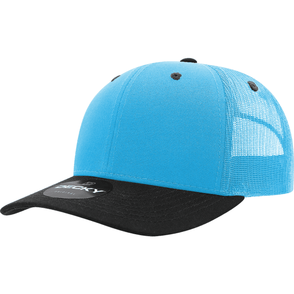 A turquoise trucker cap with a black brim and mesh backing, featuring a logo on the front.