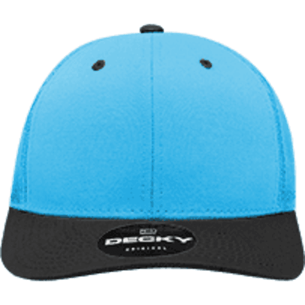 A blue mid-profile structured trucker cap with a black bill and a logo on the front.