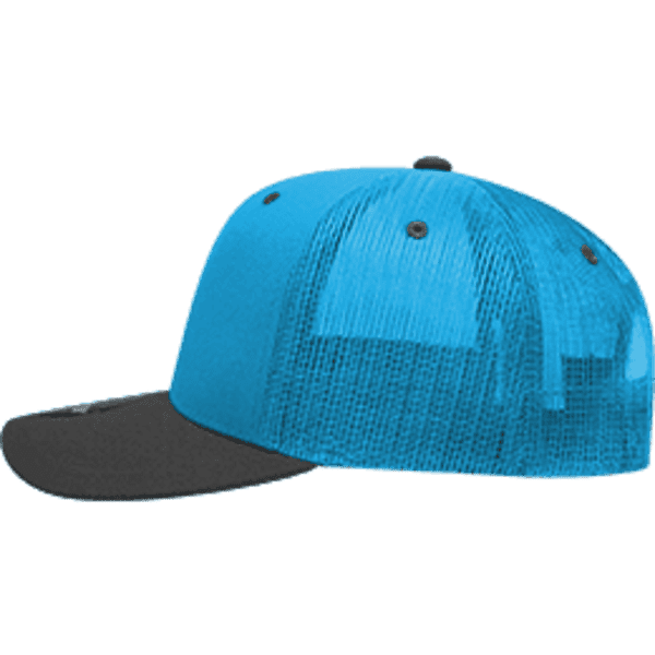 A structured trucker cap in bright blue with a black brim and mesh back, featuring a logo on the front.