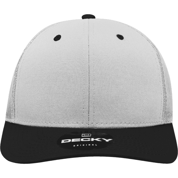 A structured trucker cap in grey with a black brim and a logo.