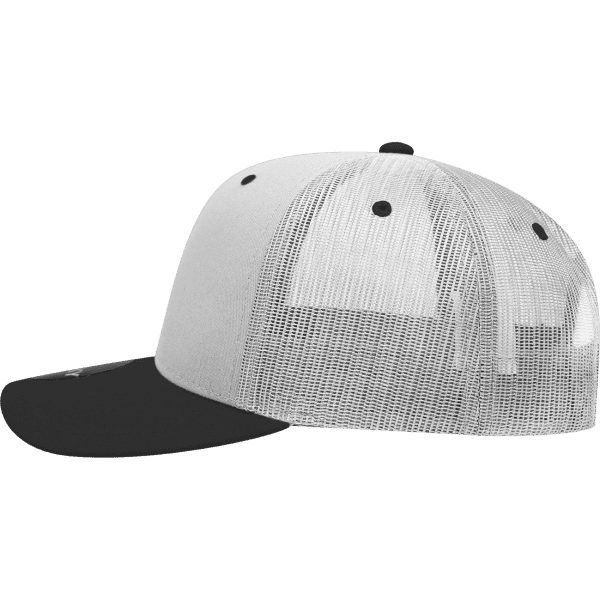 A grey and black structured trucker cap featuring a mesh back and a circular logo.