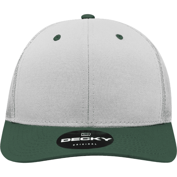 A grey and green 6 panel mid-profile structured trucker cap with a logo on the front.