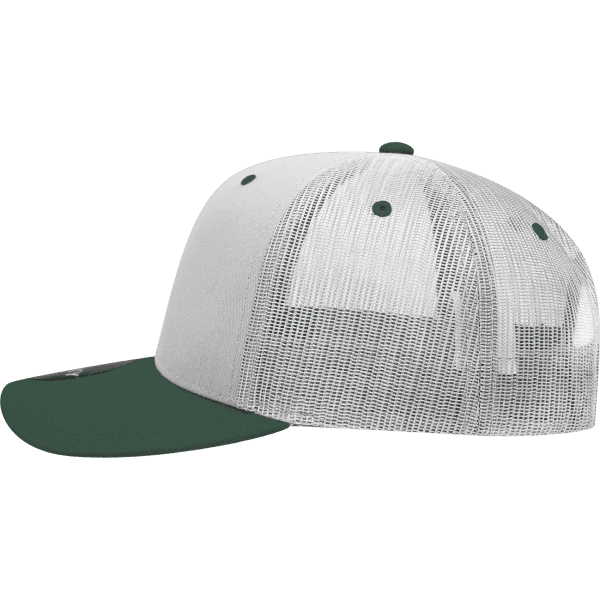 A grey and green 6-panel mid profile structured trucker cap with a mesh back and curved visor.