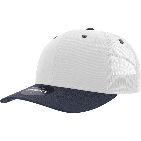 A six-panel trucker hat featuring a white front, navy brim, and mesh back, with a logo on the front.