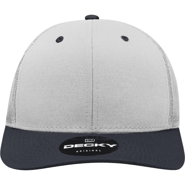 A structured trucker cap in grey and navy, featuring a logo on the front.