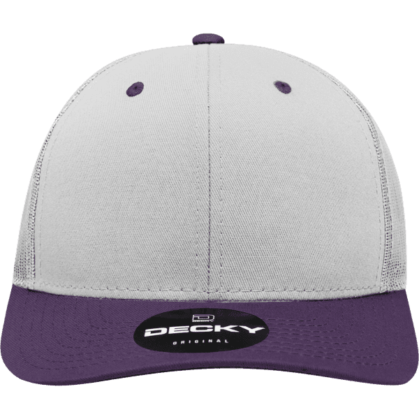 A grey and purple 6-panel mid-profile structured trucker cap with a logo on the front.