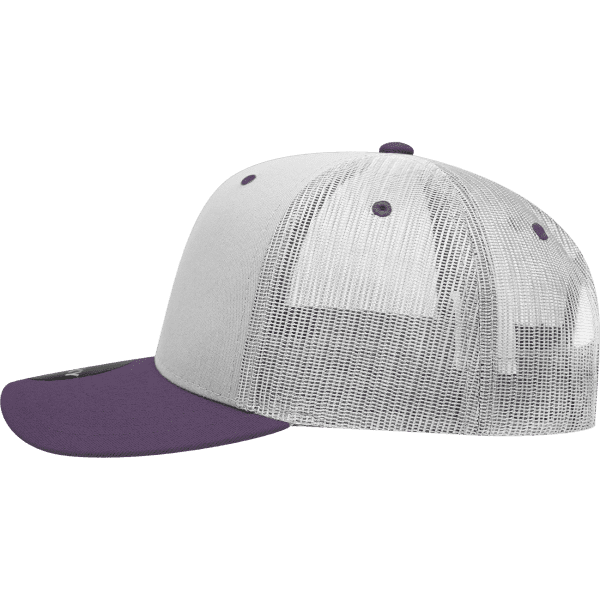 A grey and purple trucker cap featuring a mid-profile design and a mesh back. It has a logo on the front.