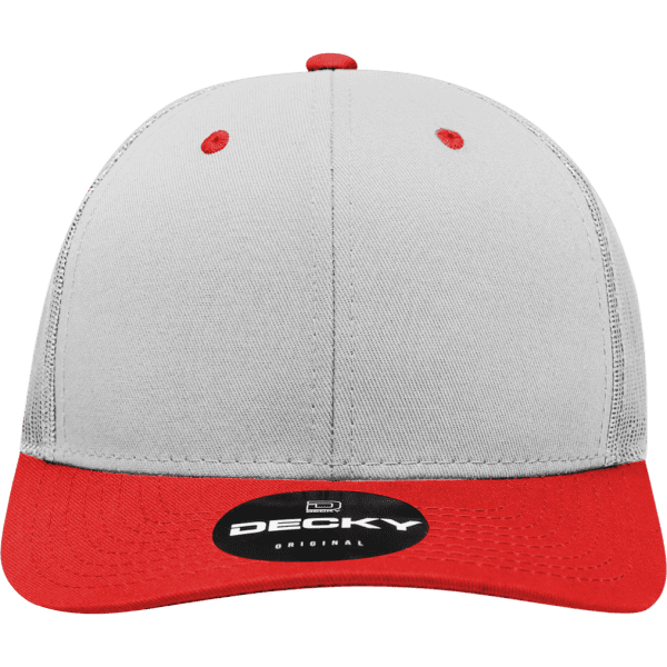 A grey and red structured trucker cap featuring a logo on the front panel.