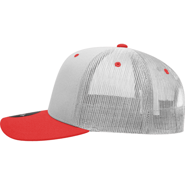A grey and red structured trucker cap with a mesh back and a flat brim, featuring a logo on the front.