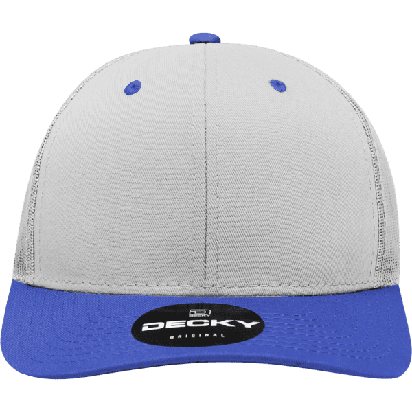 A grey and blue structured trucker cap featuring a curved peak and an inner branding label.