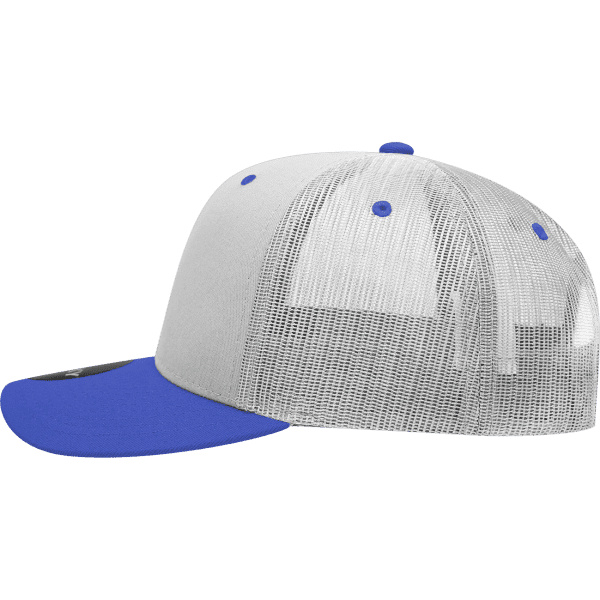 A blue and grey 6 Panel Mid Profile Structured Trucker cap with a mesh back and a solid brim.