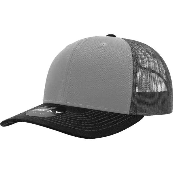A grey and black 6 panel mid pro cotton/poly blend trucker cap with a mesh back and a logo.