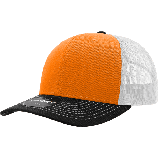 A trucker cap featuring an orange front, black brim, and white mesh sides, with a logo on the front.
