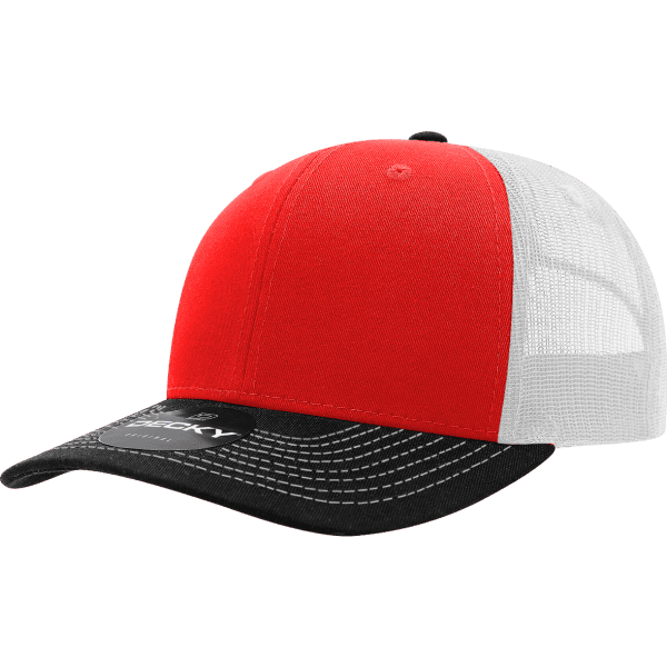 A red and black trucker cap with a white mesh back and a black logo on the front.