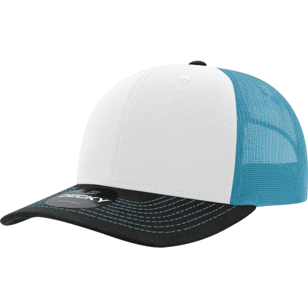 A structured trucker cap featuring a white front panel, turquoise mesh sides, and a black brim. It has a logo.