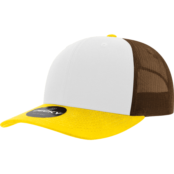 A structured trucker cap featuring a white front, yellow peak, and brown mesh panels. It has a logo on the front.