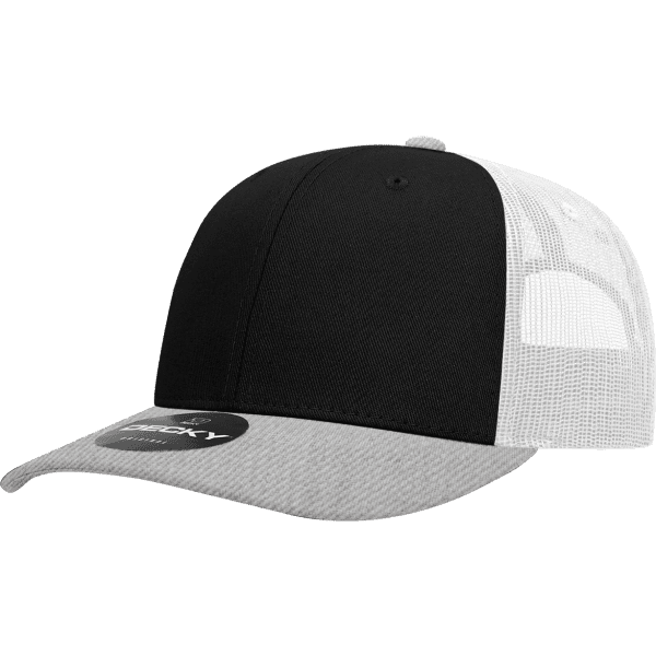 A black and grey trucker cap with a mesh back and a circular logo on the front.