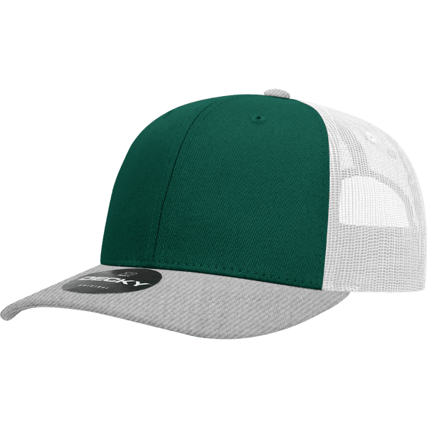 A green and grey trucker cap with a white mesh back and a logo on the front.