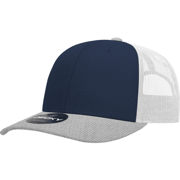 A navy and white trucker cap with a grey brim and a logo on the front.