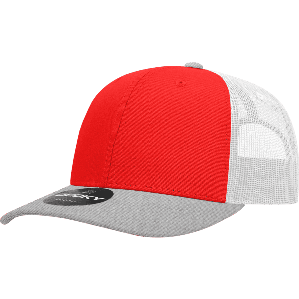 A red and grey 6-panel trucker cap made from a cotton/poly blend, featuring a mesh back and a logo.