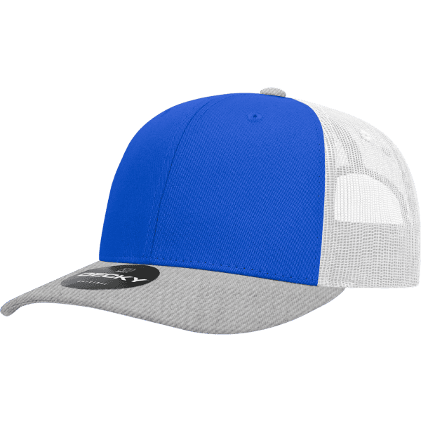 A blue and white trucker cap with a grey peak and an emblem on the front.