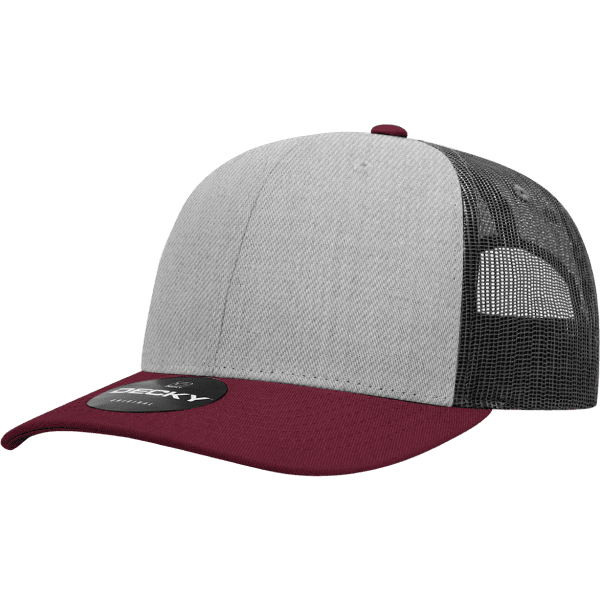 A grey and maroon trucker cap featuring a mesh back and a branded logo on the front.